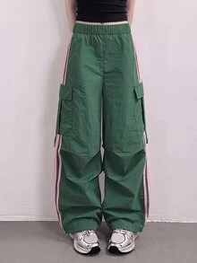 Tween Girl Elastic Waist Colorblock Casual Daily Cargo Pants, Fall, Autumn, Winter, Graphic, Back To School, School, Outfit - Multicolor - View 8