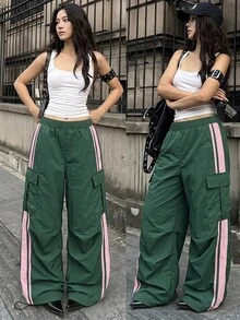 Tween Girl Elastic Waist Colorblock Casual Daily Cargo Pants, Fall, Autumn, Winter, Graphic, Back To School, School, Outfit - Multicolor - View 3