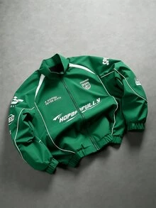 Manfinity EMRG Men's Printed Casual Long Sleeve Outdoor Windbreaker Jacket, Long Sleeve Racing Jacket - Green - View 3