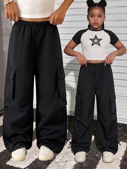 SHEIN Sparklyn Tween Girl Solid Color Casual Versatile Everyday Cargo Pants