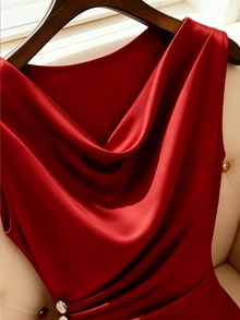 Franclia French-Style Dark Red Satin Dress For Women,Elegant Ruffled Neckline Luxury Dresses For Dining,Autumn Wedding Guest,Beach Parties&Vacations Dinner - Red - View 5