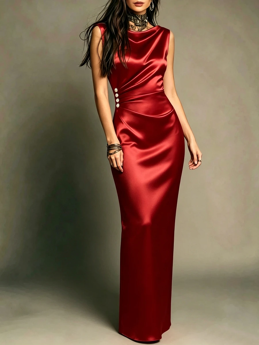 Franclia French-Style Dark Red Satin Dress For Women,Elegant Ruffled Neckline Luxury Dresses For Dining,Autumn Wedding Guest,Beach Parties&Vacations Dinner