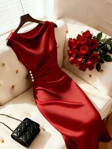 Franclia French-Style Dark Red Satin Dress For Women,Elegant Ruffled Neckline Luxury Dresses For Dining,Autumn Wedding Guest,Beach Parties&Vacations Dinner - Red - View 4