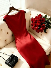 Franclia French-Style Dark Red Satin Dress For Women,Elegant Ruffled Neckline Luxury Dresses For Dining,Autumn Wedding Guest,Beach Parties&Vacations Dinner - Red - View 3