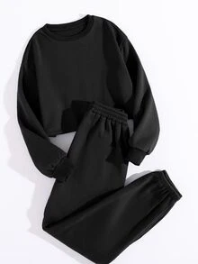 SHEIN Unity Thermal Lined Solid Sweatshirt With Joggers - Black - View 3