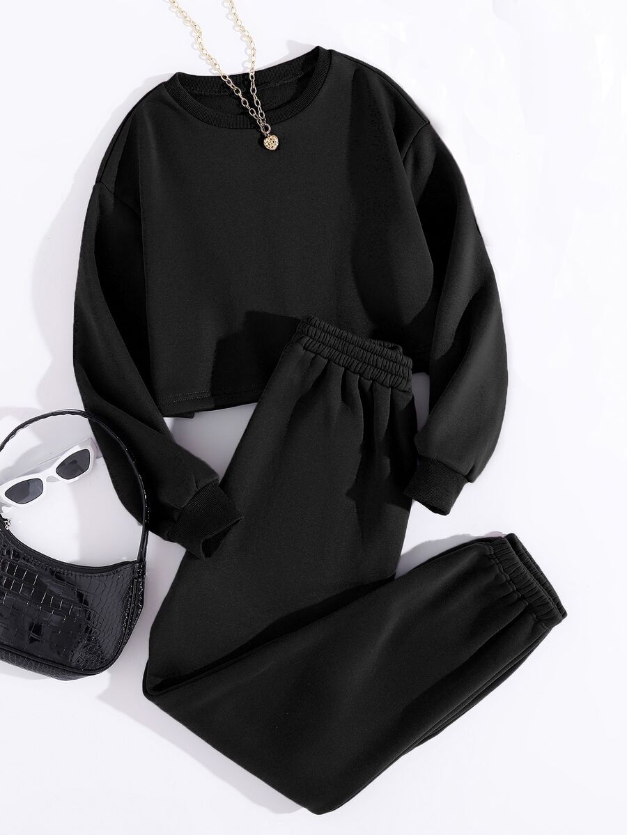 SHEIN Unity Thermal Lined Solid Sweatshirt With Joggers - Black - View 1