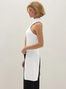 MUSEYN White Scuba Cut Out High Neck Long Drape Side Sleeveless Top Chic Versatile  Everyday Casual Fall - White - View 3