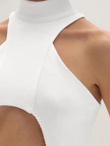 MUSEYN White Scuba Cut Out High Neck Long Drape Side Sleeveless Top Chic Versatile  Everyday Casual Fall - White - View 5