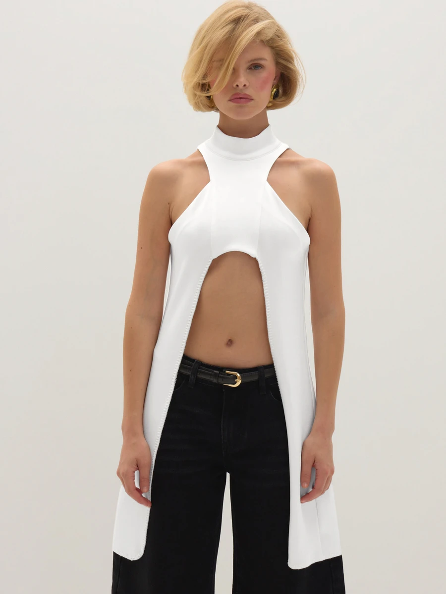 MUSEYN White Scuba Cut Out High Neck Long Drape Side Sleeveless Top Chic Versatile Everyday Casual Fall - White - View 1