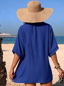 Swim Vcay Spring/Summer Elegant Autumn New 1 Piece Woven Solid Coconut Tree Patterned Decorative Short Sleeve Resort-Style Women's Swimwear Kimono - Blue - View 2