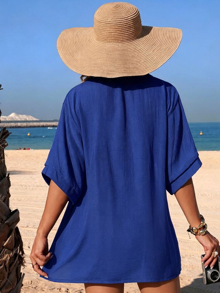 Swim Vcay 春夏秋季新款 1 件式編織純色椰子樹圖案裝飾短袖度假風女款泳裝和服罩衫 - 藍色 - 查看 2