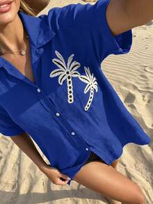 Swim Vcay Spring/Summer Elegant Autumn New 1 Piece Woven Solid Coconut Tree Patterned Decorative Short Sleeve Resort-Style Women's Swimwear Kimono - Blue - View 5
