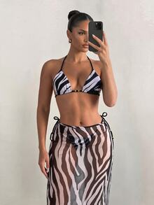 Sirith 女款性感斑馬紋度假套裝 三件式比基尼泳衣套裝 含沙灘裙 夏季海灘度假 白色 - 彩色 - 查看 1
