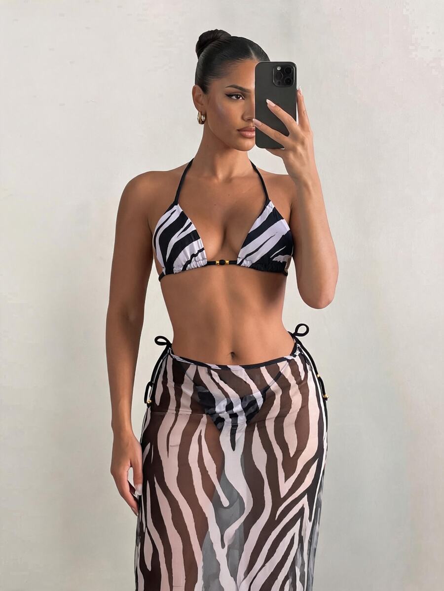 Sirith 女款性感斑馬紋度假套裝 三件式比基尼泳衣套裝 含沙灘裙 夏季海灘度假 白色 - 彩色 - 查看 1