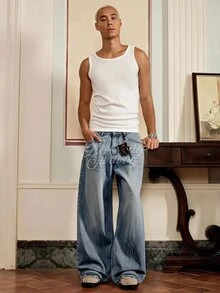 SWAVVY Men's Washed Vintage Distressed Letter Graphic Denim Jeans - Blue - View 2