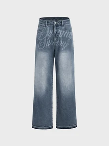 SWAVVY Men's Washed Vintage Distressed Letter Graphic Denim Jeans - Blue - View 7