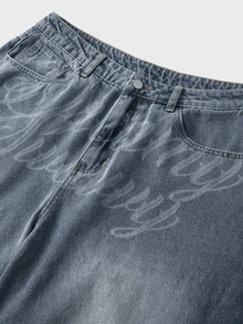 SWAVVY Men's Washed Vintage Distressed Letter Graphic Denim Jeans - Blue - View 4