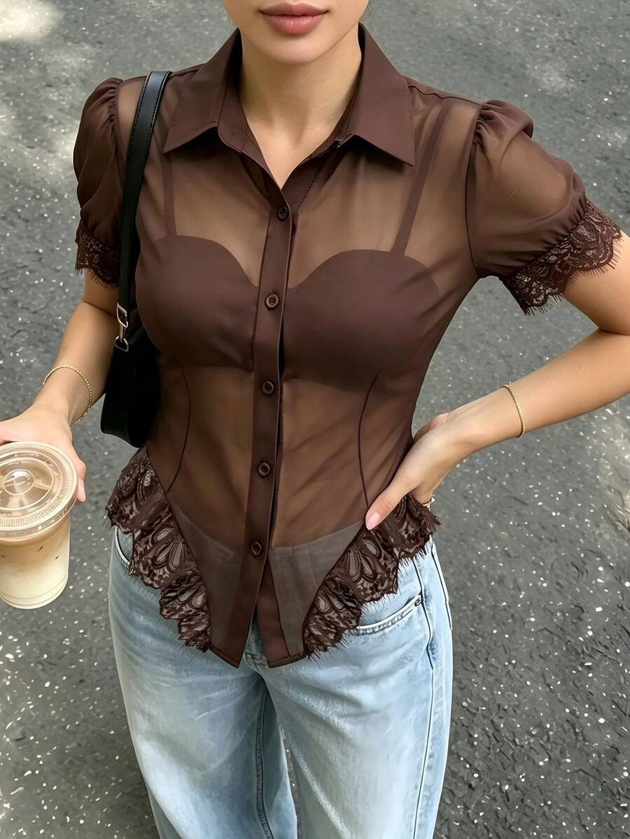 Cévolie Women's Lace Patchwork Casual Versatile Daily Wear Top - Brown - View 1