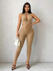 SHEIN SXY 女士交叉露背性感无袖黑色连体裤 - 卡其色 - 查看 6