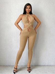 SHEIN SXY 女士交叉露背性感无袖黑色连体裤 - 卡其色 - 查看 4