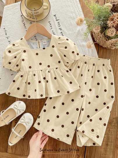 Cozy Pixies Young Girl Spring/Summer Vintage Polka Dot Print Pastoral Square Neck Lantern Short Sleeve Loose Hem Ruffle Design Straight Leg Pants Fashion Simple Casual Outing Back To School Holiday Travel Vacation Versatile 2-Piece Set