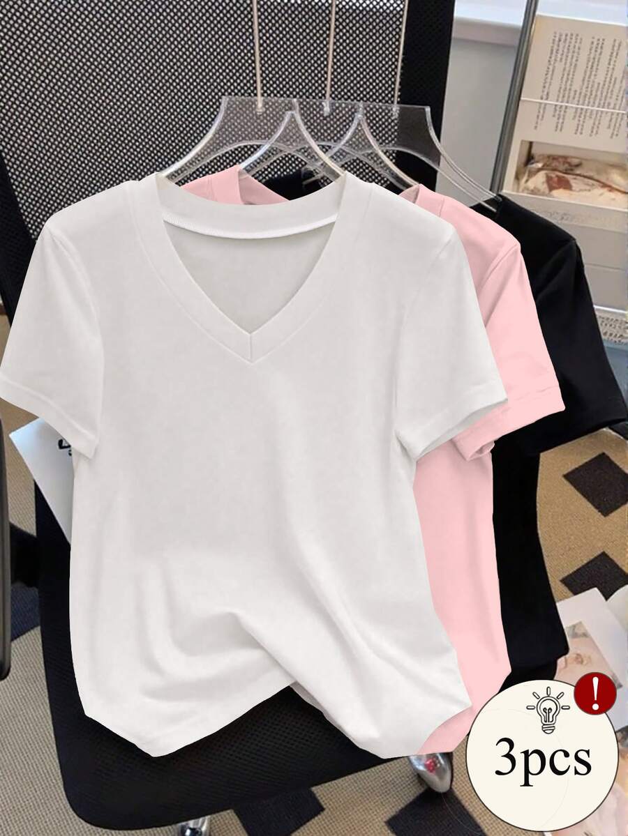 SHEIN Plus Size Solid Color V-Neck Casual Short Sleeve T-Shirt, Summer - Multicolor - View 1