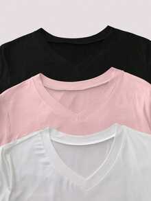 SHEIN Plus Size Solid Color V-Neck Casual Short Sleeve T-Shirt, Summer - Multicolor - View 4