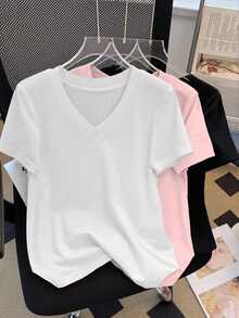 SHEIN Plus Size Solid Color V-Neck Casual Short Sleeve T-Shirt, Summer - Multicolor - View 3