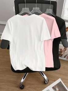 SHEIN Plus Size Solid Color V-Neck Casual Short Sleeve T-Shirt, Summer - Multicolor - View 2