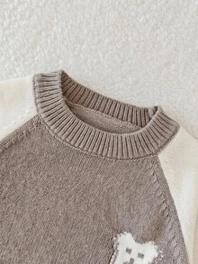 SHEIN Little Boys Camel Bear Jacquard Knit Sweater & Pants Two Piece Set, Raglan Long Sleeve Fall Winter Outfit, Soft Christmas Halloween Daily Wear - Camel - View 3