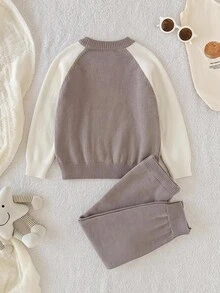 SHEIN Little Boys Camel Bear Jacquard Knit Sweater & Pants Two Piece Set, Raglan Long Sleeve Fall Winter Outfit, Soft Christmas Halloween Daily Wear - Camel - View 2