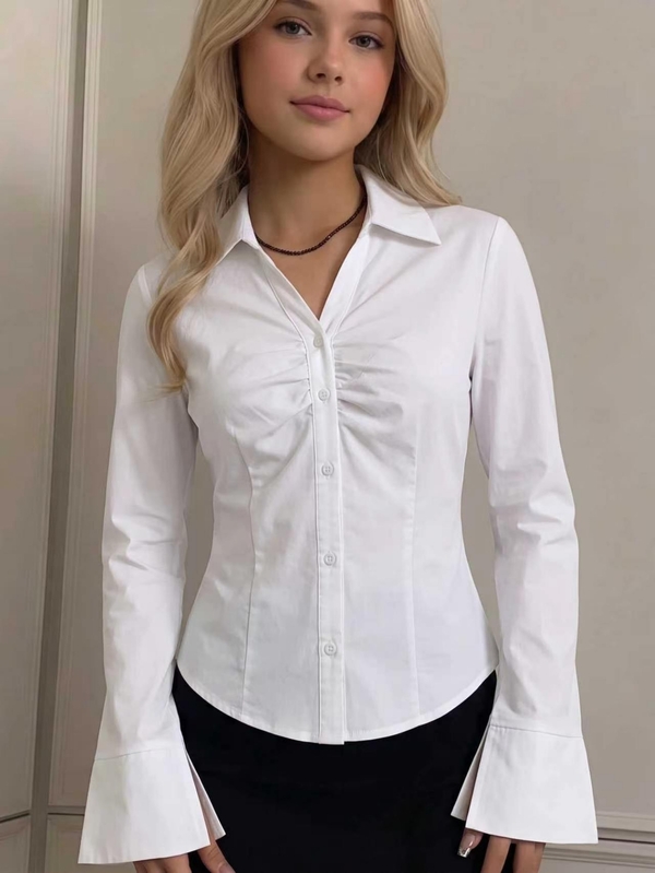 SHEIN قميص فتاة مراهقة بأكمام مكشكشة وكسرات أمامية
