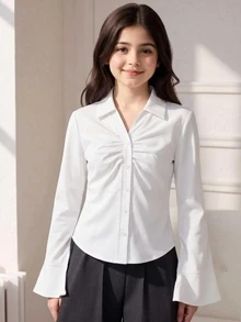 SHEIN 青少年女孩單件編織素色領口鈕扣長袖襯衫，喇叭袖，V領收腰修身款，優雅休閒百搭，秋季服飾，適合日常穿著、通勤、度假 - 白色 - 查看 3