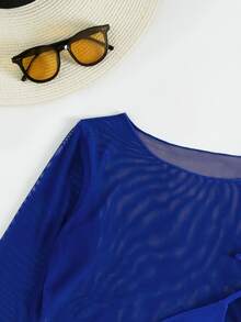 SHEIN Swim 夏季海滩 3 件装纯色吊带三角比基尼和罩衫上衣女式两件套蓝色泳装 - 寶藍色 - 查看 8