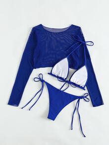 SHEIN Swim 夏季海滩 3 件装纯色吊带三角比基尼和罩衫上衣女式两件套蓝色泳装 - 寶藍色 - 查看 5
