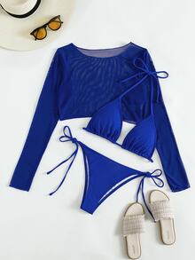 SHEIN Swim 夏季海滩 3 件装纯色吊带三角比基尼和罩衫上衣女式两件套蓝色泳装 - 寶藍色 - 查看 6