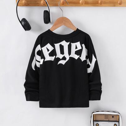 Young Boy Casual Letter Print Black T-Shirt,Long Sleeve Top…