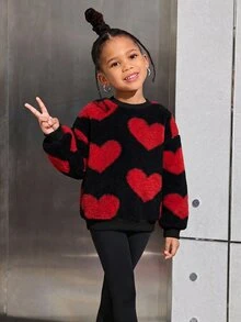 Young Girl Young Girls Cute Heart Plush Pullover Autumn Sweatshirt, Casual Daily Fashion Versatile - Black - View 1
