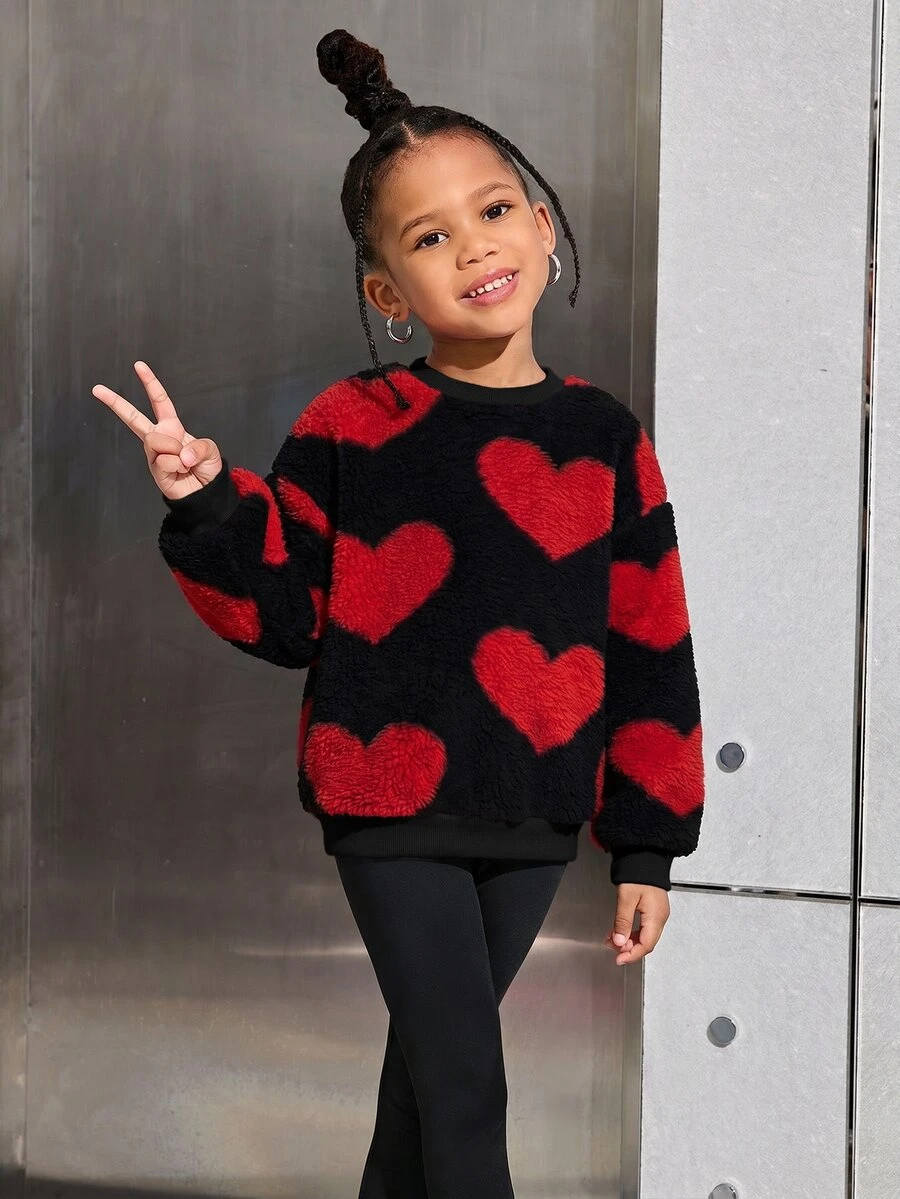 Young Girl Young Girls Cute Heart Plush Pullover Autumn Sweatshirt, Casual Daily Fashion Versatile - Black - View 1
