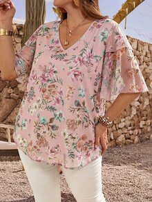 EMERY ROSE Plus Size Women Floral V-Neck Ruffle Short Sleeve Blouse, Summer Tops - Pink - View 4
