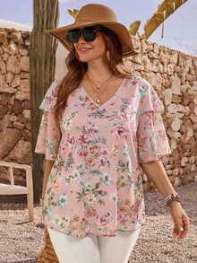 EMERY ROSE Plus Size Women Floral V-Neck Ruffle Short Sleeve Blouse, Summer Tops - Pink - View 5