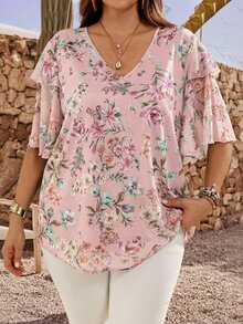 EMERY ROSE Plus Size Women Floral V-Neck Ruffle Short Sleeve Blouse, Summer Tops - Pink - View 3