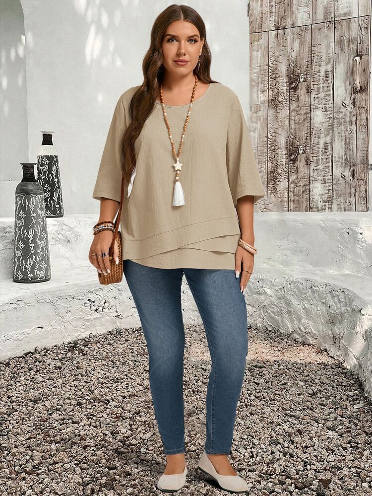 EMERY ROSE Plus Size Asymmetric Hem Green Country Shirts Fall Clothes - Apricot - View 6