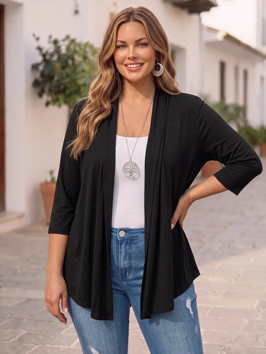 EMERY ROSE Plus Open Front Solid Coat,Fall Women Clothes,Spring - Black - View 1
