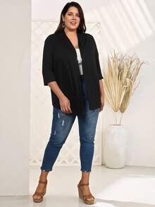EMERY ROSE Plus Open Front Solid Coat,Fall Women Clothes,Spring - Black - View 5