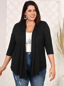 EMERY ROSE Plus Open Front Solid Coat,Fall Women Clothes,Spring - Black - View 3