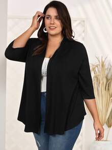 EMERY ROSE Plus Open Front Solid Coat,Fall Women Clothes,Spring - Black - View 6