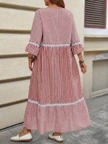 EMERY ROSE 大尺碼女款冬季度假套裝 女裝條紋圓領喇叭袖荷葉邊下擺寬鬆長版休閒洋裝 秋季 - 紅色 - 查看 5