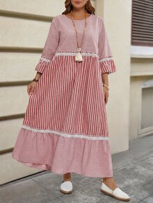 EMERY ROSE 大尺碼女款冬季度假套裝 女裝條紋圓領喇叭袖荷葉邊下擺寬鬆長版休閒洋裝 秋季 - 紅色 - 查看 8