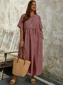 EMERY ROSE Plus Size Tangerine Tropical Leaf Print Round Neck Short Sleeve A-Line Midi Dress Summer Casual Beach Vacation Holiday Going Out Outfits Women Autumn - Burgundy - View 5